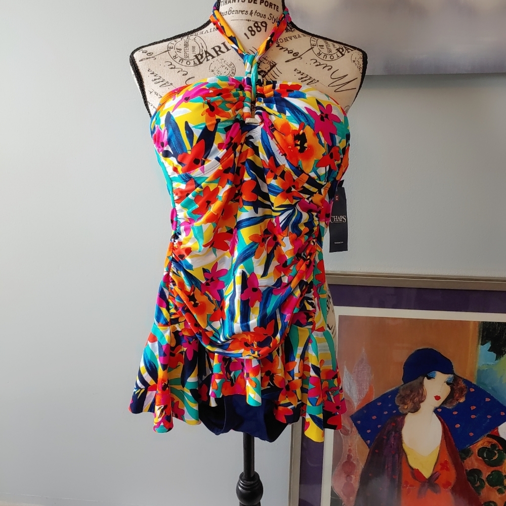 Chaps One Piece Strapless Ruffle Skirt Swimsuit.